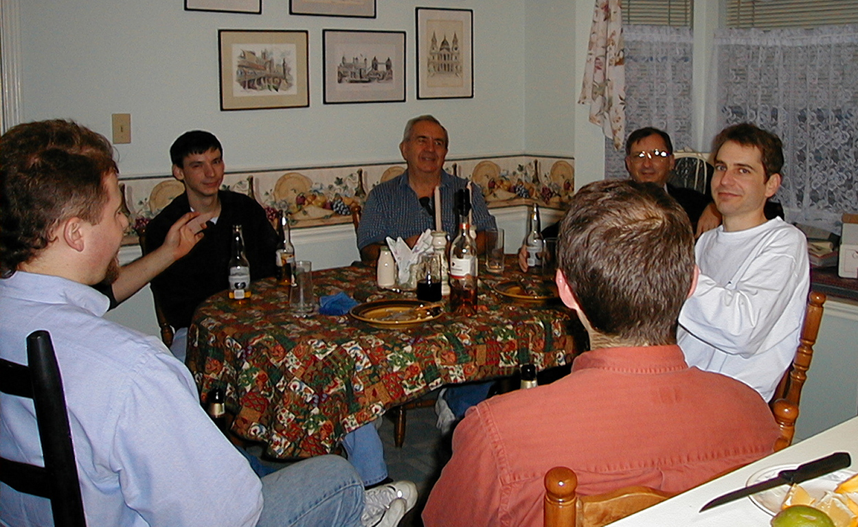 Steve, David, Uncle Tom, the back of Robert's head, Felix, and me in Felix and Gai's kitchen