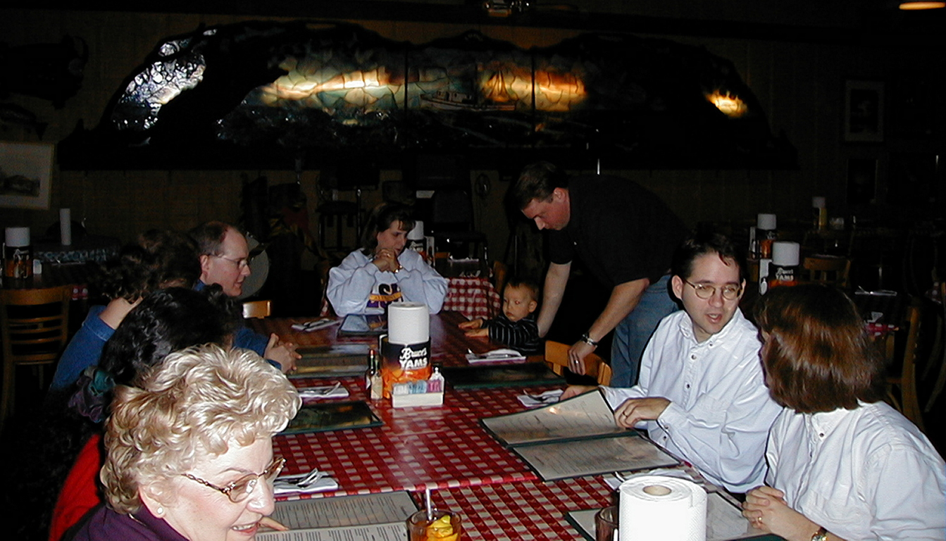 Mom, Jackie and Steve, Marc, Rochelle, Miles, Paul, Robert and Carol eating lunch at PREJEAN'S® restaurant near Opelousas