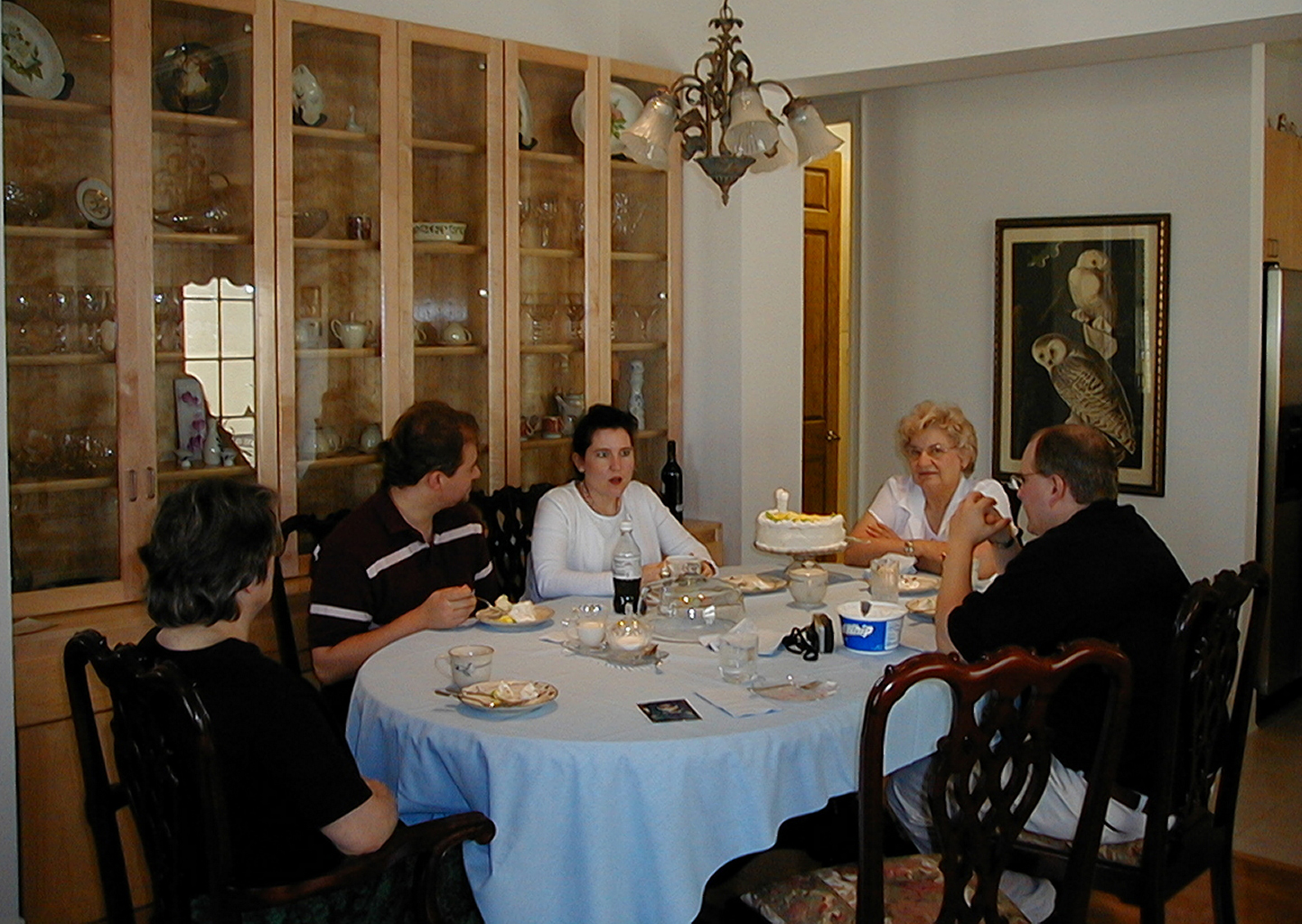 Aunt Dory, Steve and Jackie, Mom, and Marc eating Jackie's Birthday Cake in Mom's dining room