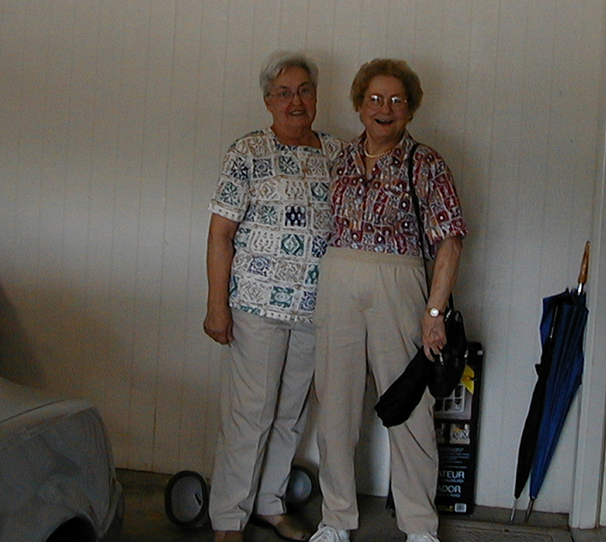 Aunt Hazel and her friend Minnie in Mom's garage
