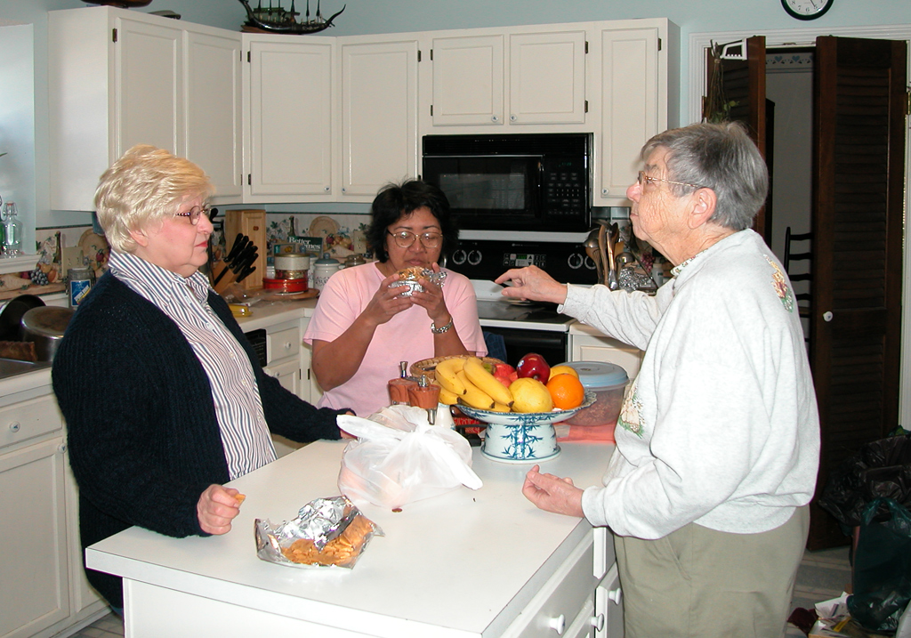 Mom, Gai, and Aunt Lou visiting in Gai's kitchen