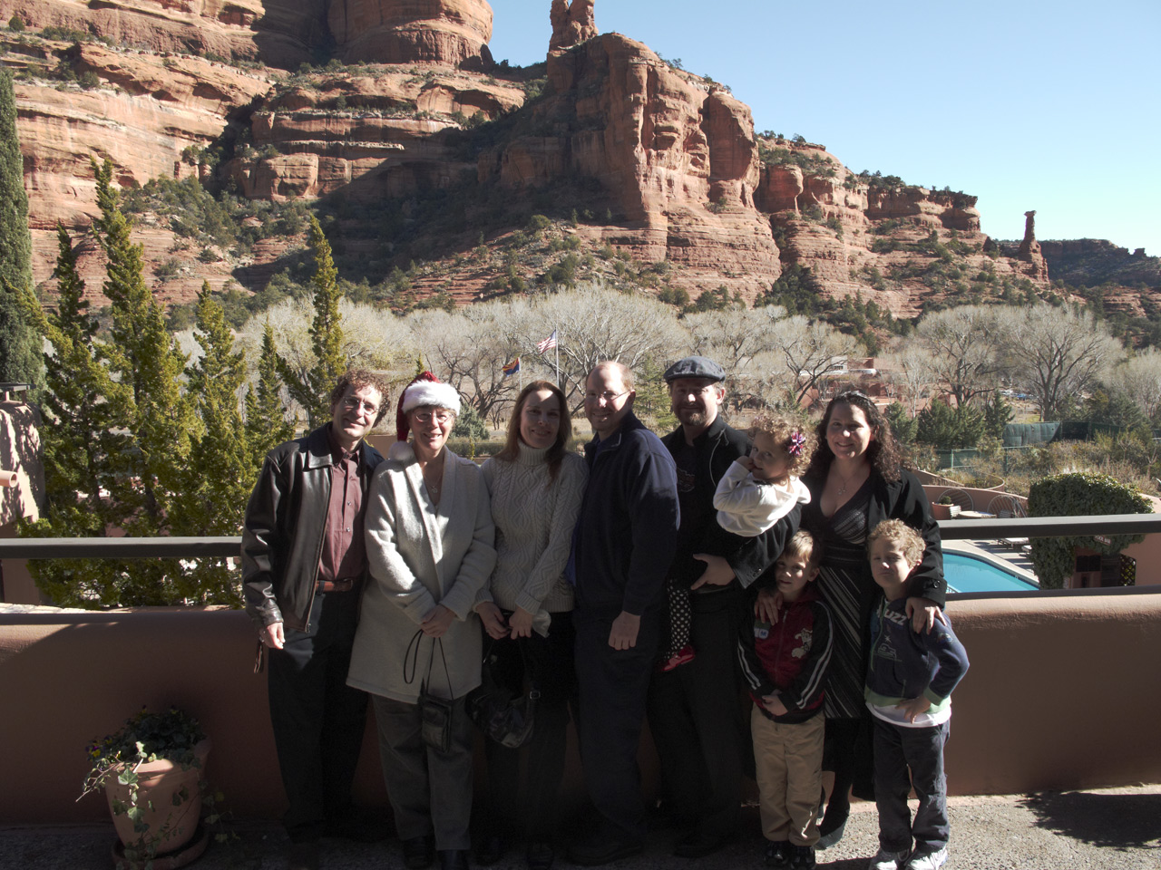 Me and Adele, Keri and Marc, Steve holding Sophia, James and John and Jackie at YAVAPAI Restaurant in ENCHANTMENT RESORT