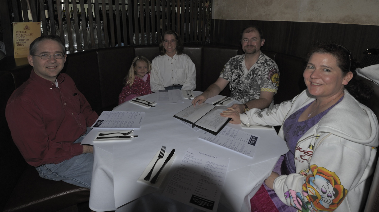 Robert, Noelle, Carol, Steve and Jackie about ot eat Jackie's Birthday meal at the BLUE PLATE BAR & GRILL®