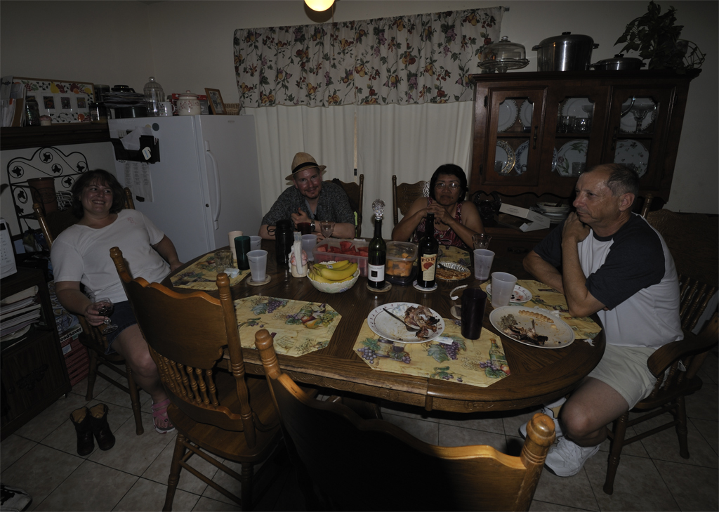 Lynne, Marc, Gai and Felix in Eric and Lynne's kitchen eating awesome home-cooked food