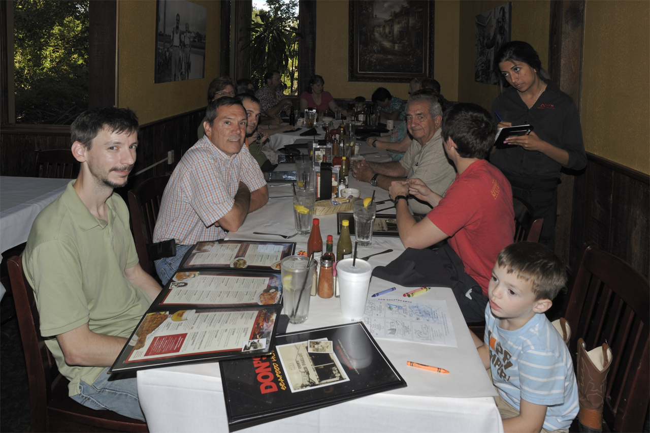David, Rusty, Julie and Rusty's son Eric, various family members, Uncle Tom, Julie and Rusty's son Kevin, David and Melissa's son Jonathan, and our slightly bored server at DON'S Seafood Hut® in Lafayette
