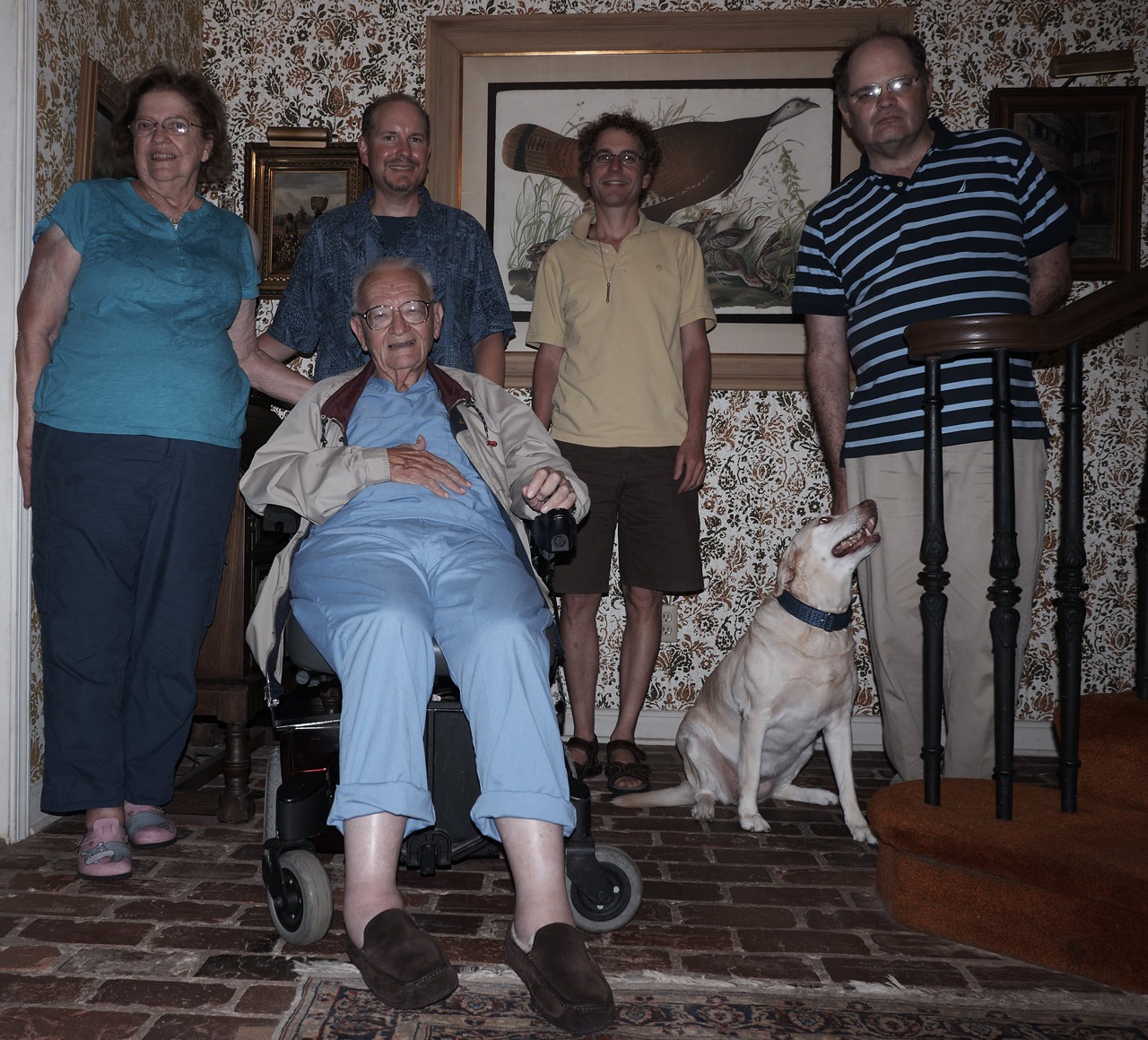 Aunt Nell and Uncle Norman, Marc, me, Charlie's dog Molly, and Charlie in Aunt Nell and Uncle Norman's foyer