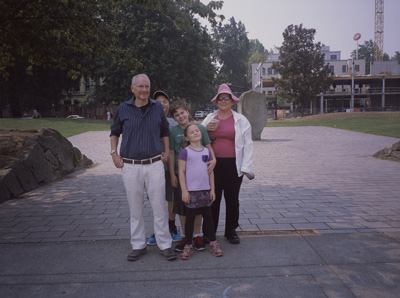 Marc, John, James, Sophia, and Jackie standing in the Japanese American Historical Plaza
