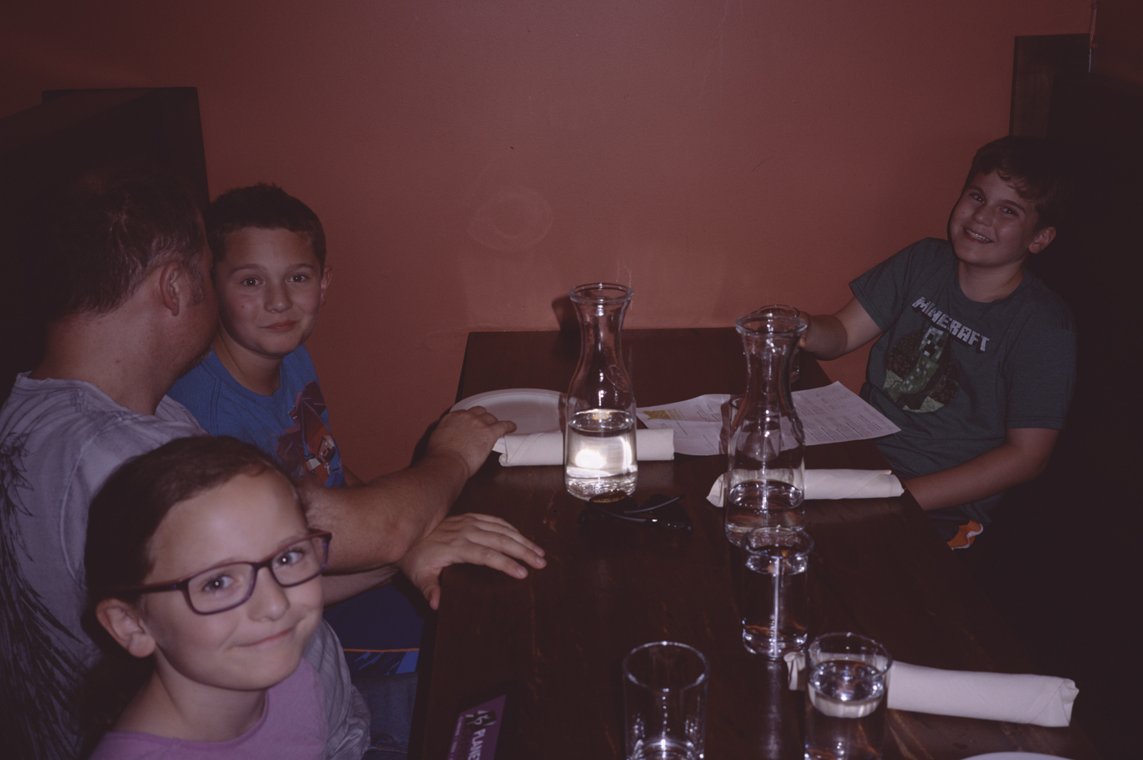 Sophia, Steve, John, and James waiting for food at the organic Mexican restaurant VERDE COCINA