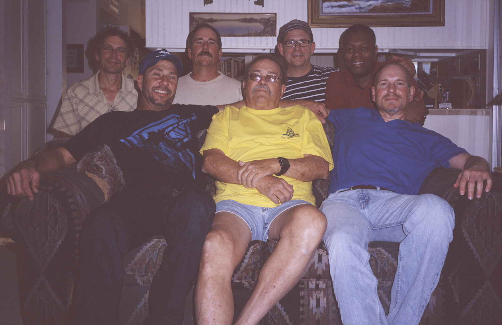 Dan, Tom, Mike, Uncle Bill, David and his partner Marc, and Marc in Uncle Bill and Lynne's living room